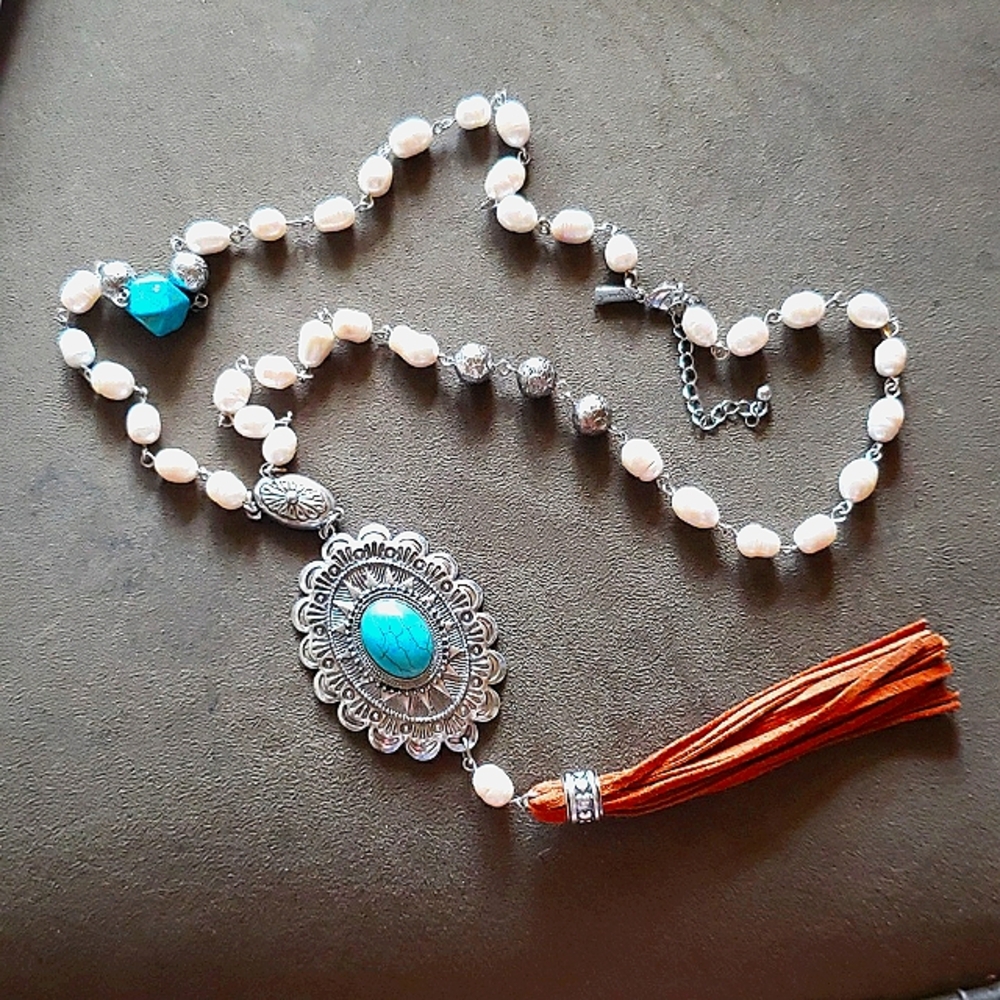 Shyanne Genuine Baroque Pearl Western Silver and Turquoise Necklace